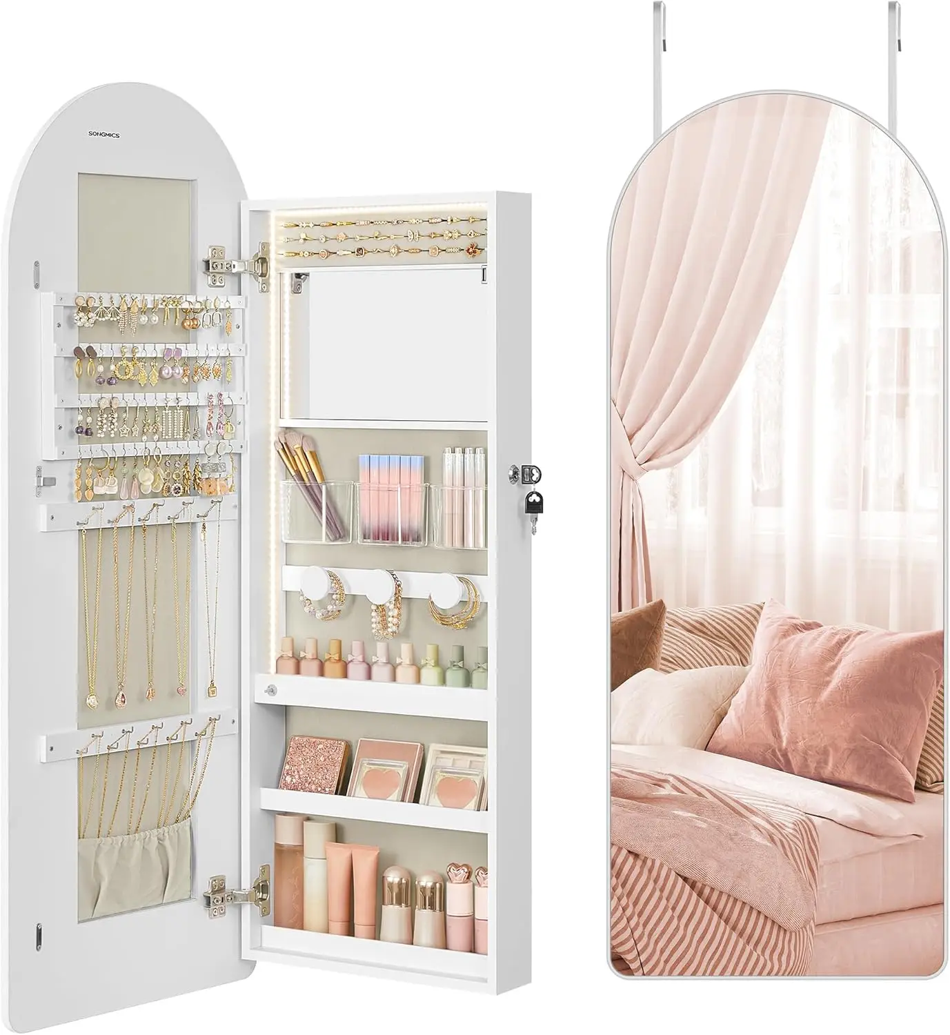 Wide Jewelry Organizer, LED Jewelry Cabinet Wall/Door Mounted, Arched Mirror with Storage, Lockable, Rounded Corner, In