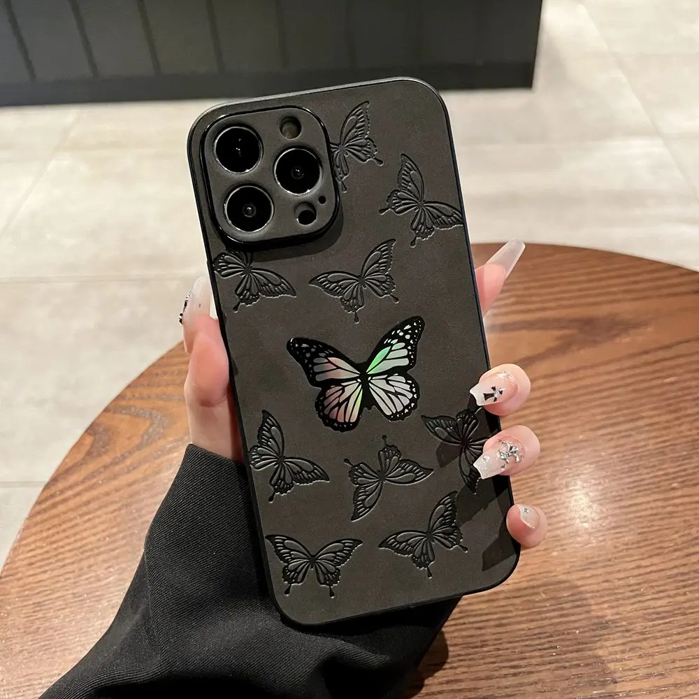 Butterfly Pattern Leather Texture Shockproof Case For iPhone 15 14 13 12 11 Pro Max XR X XS 7 8 Plus Lens Protection Soft Cover