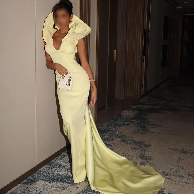 Elegant Yellow V-Neck Formal Evening Dresses Fashion sequins lace Mermaid Celebrity Dresses Customized vestidos de gala