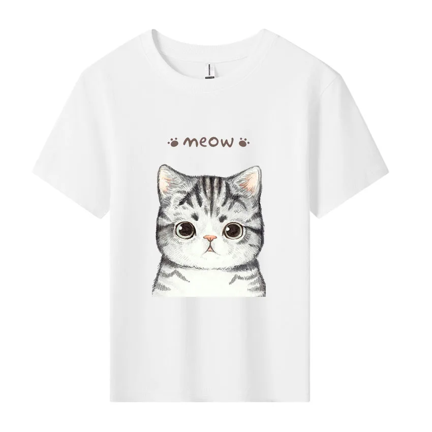 Cute Cat Graphic Print Cotton T-shirt Children's Tops Soft Comfortable Boys And Girls Summer Casual Short Sleeve Tees Clothes