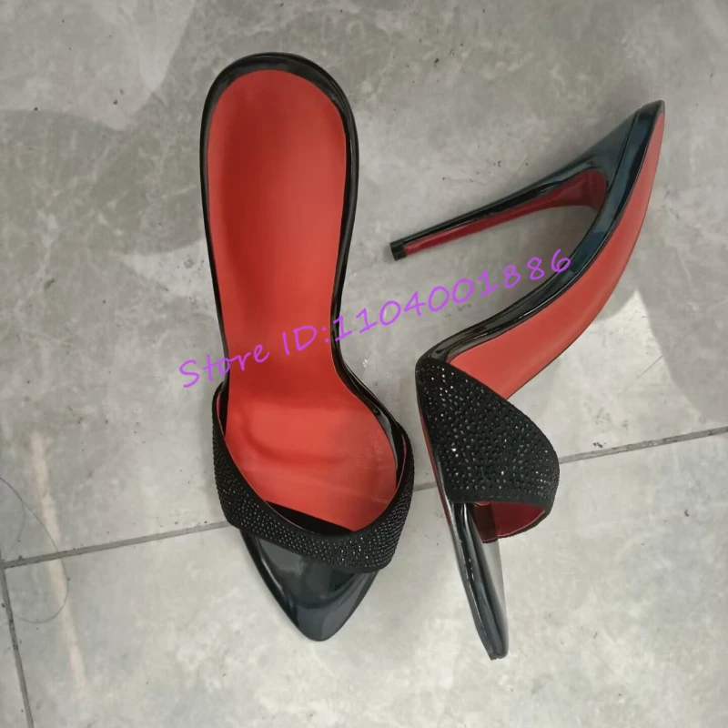 نعال كريستال خنجر فاخرة للنساء مثير أشار تو جلد أسود براءات الاختراع عالية الكعب الصيف خارج أحذية الحفلات الداخلية #6