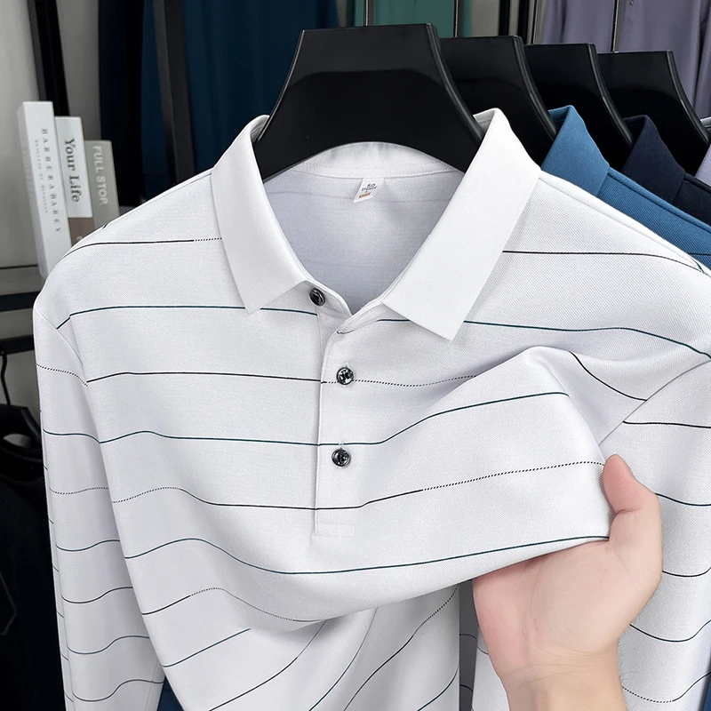 

Лёгкая роскошь полосатые мужские рубашки с длинными рукавами поло высококачественная шерсть весна и осень деловой отдых комфорт текстура модная Перевернутый воротником футболка