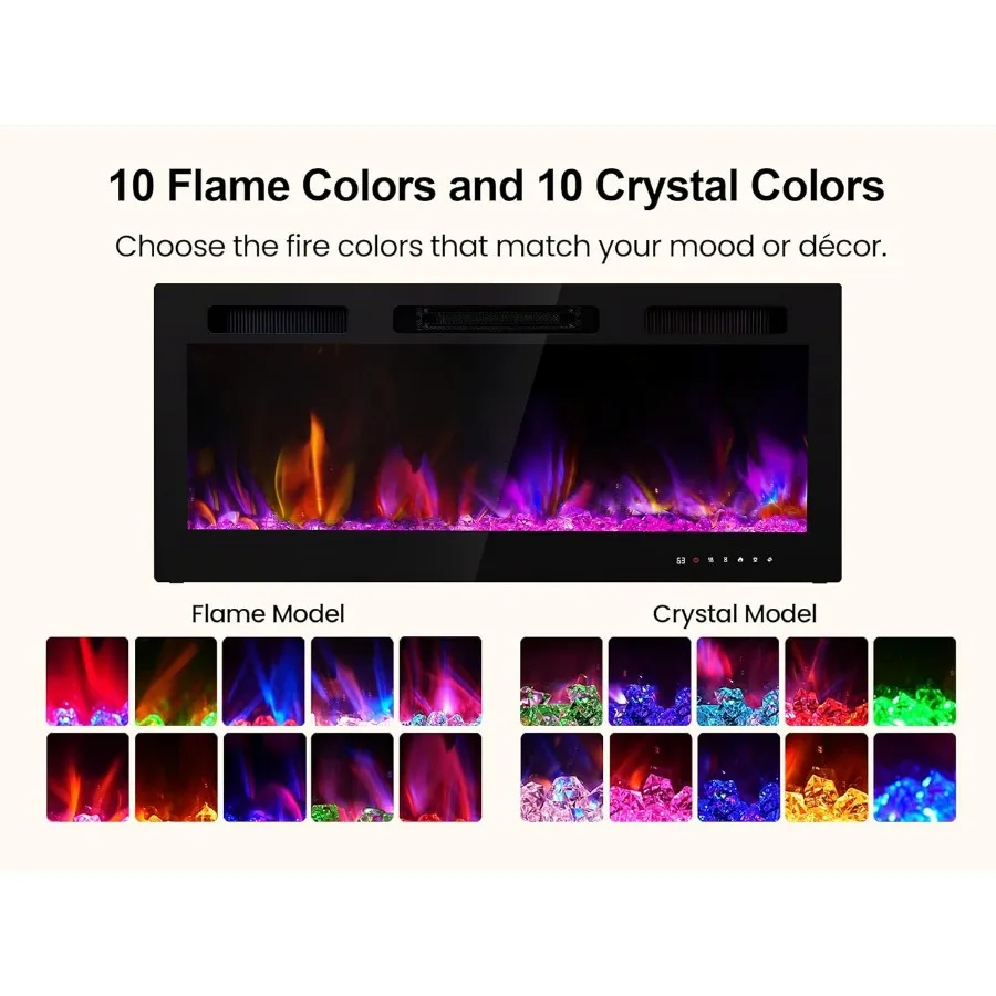 Electric Fireplace Wall Mounted 50 Inch Insert Fireplaces 750/1500W Recessed Heaters with Remote Control Touch Screen Timer Adj