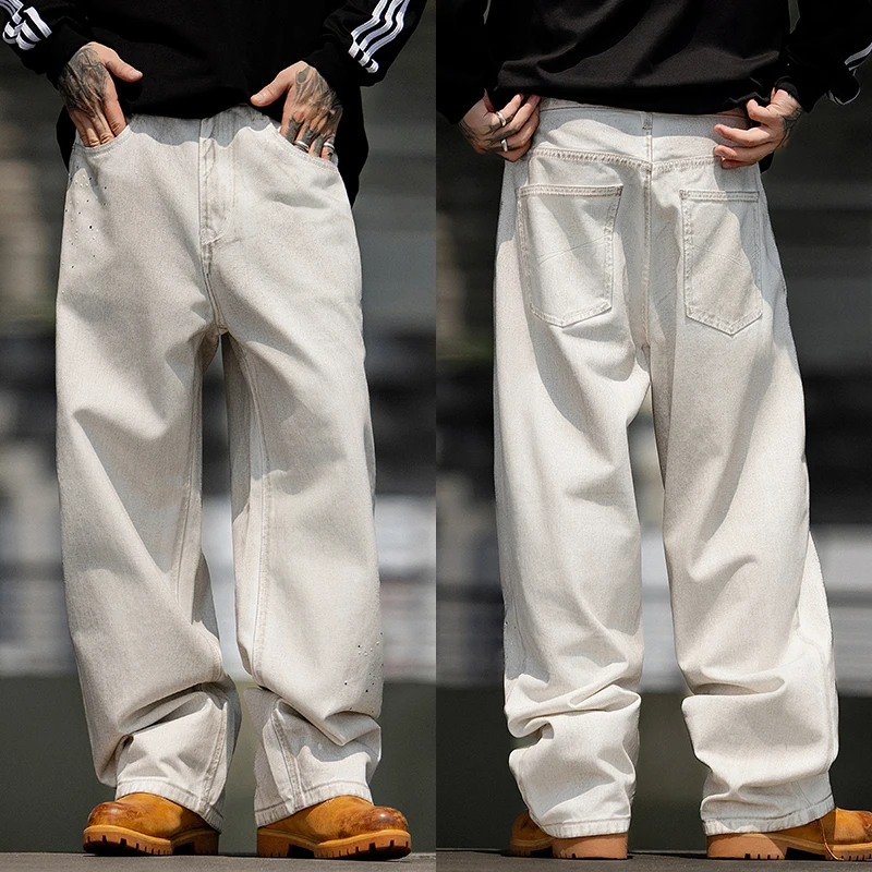 

H3712High Street Fashion Brand Dirty White Wide Leg Denim Trousers Men's Niche Parisian Silhouette Cotton Floor-Length Trousers