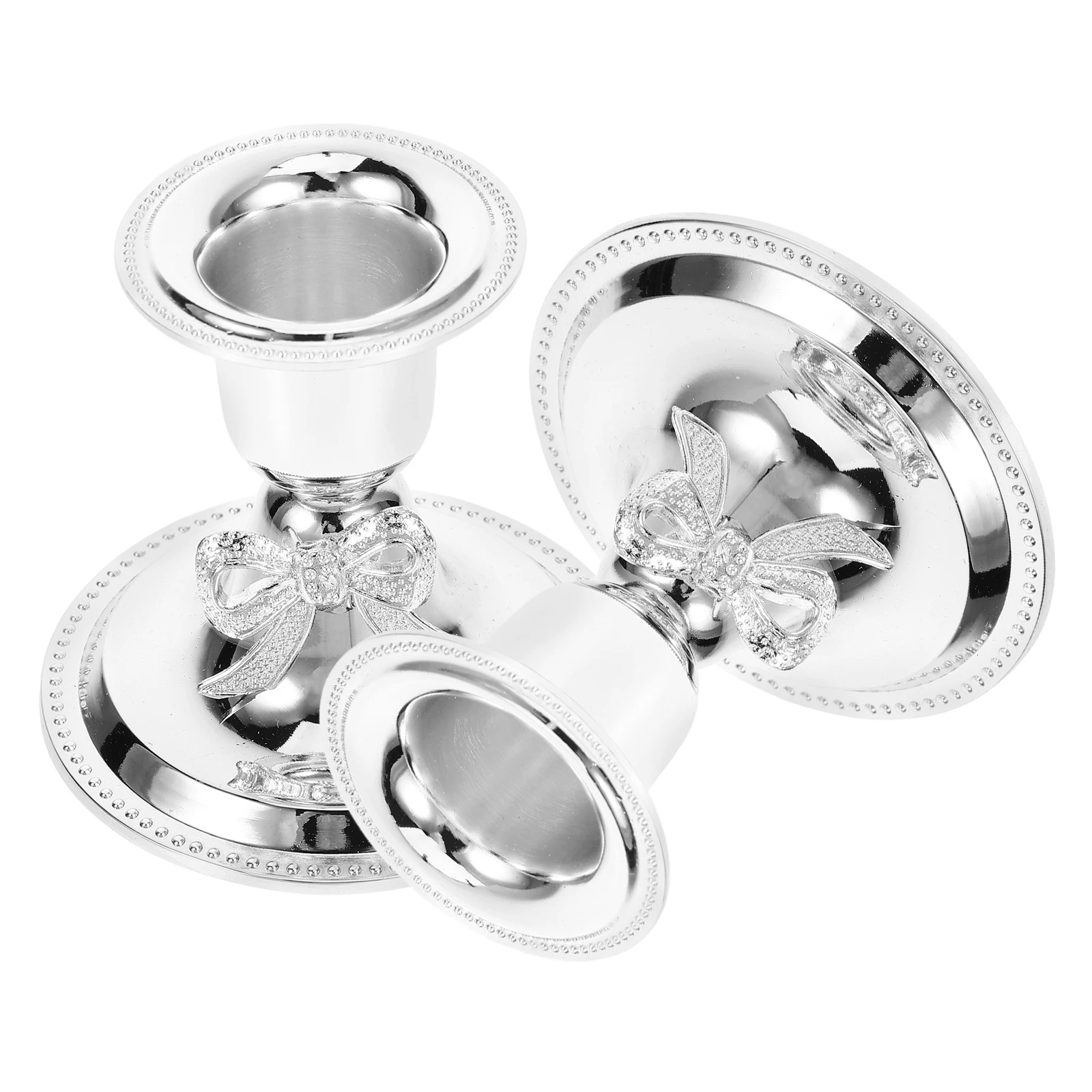 

2Pcs Silver Bow Metal Candlesticks 7x7x65cm Vintage Tall Holders Pillar Candles Home Wedding Decor Desk Tealight Center Table