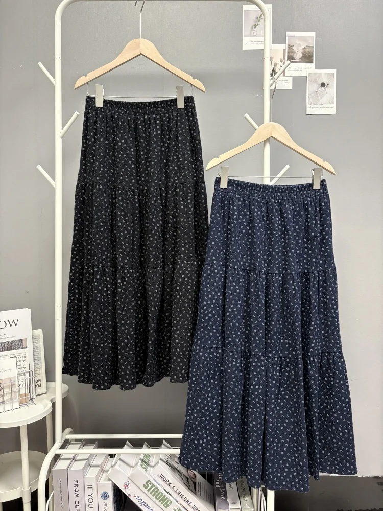 

French Vintage Women Black Blue Print Holiday Pleated Party Long Skirt Autumn High Waist Elegant Versatile Skirt Popular Ladies