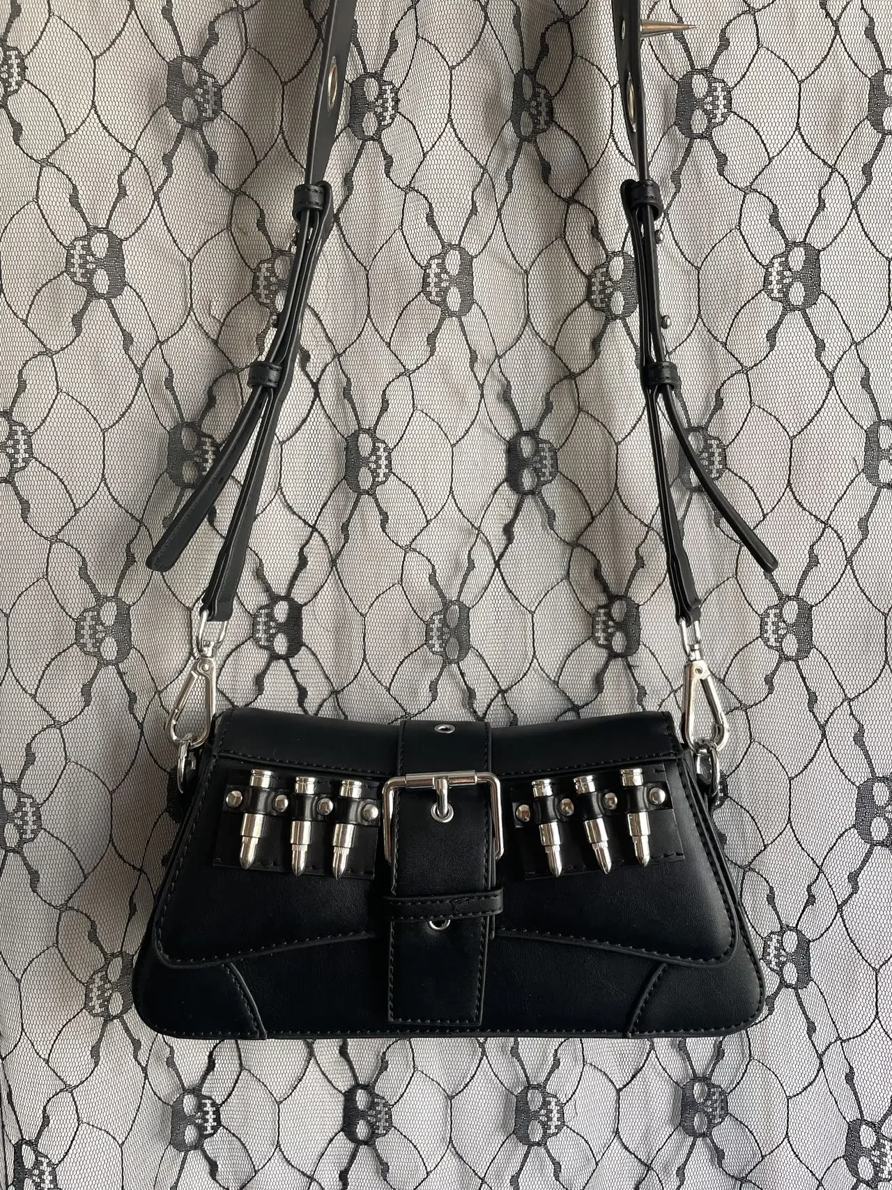 Spike Wide Adjustable Strap Crossbody Bag Gothic Handbag Punk Bullet Studded Black Faux Leather Shoulder Bag