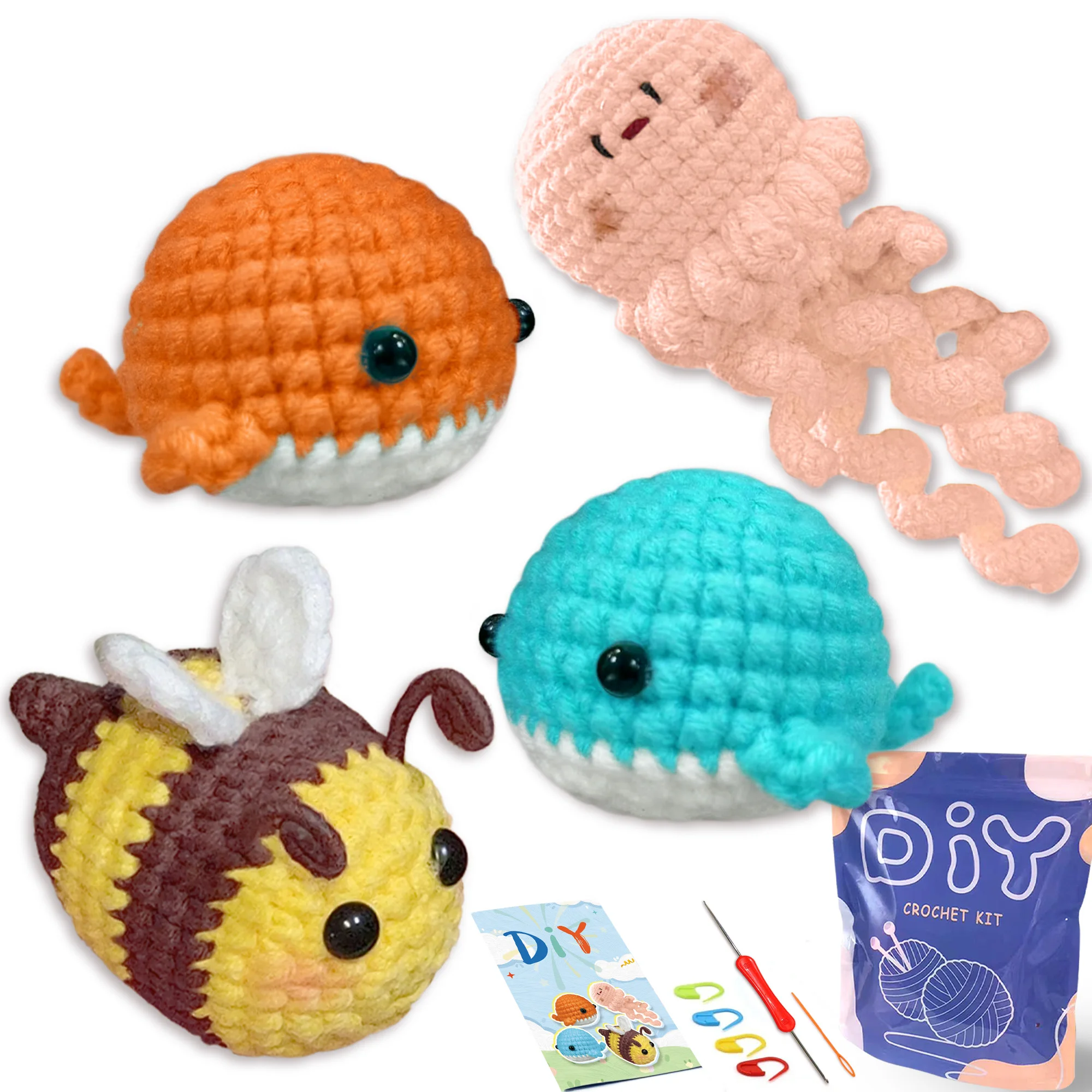 

4 шт., набор пряжи для вязания крючком с очаровательными животными, полный набор материалов с видеообучением для любителей рукоделия