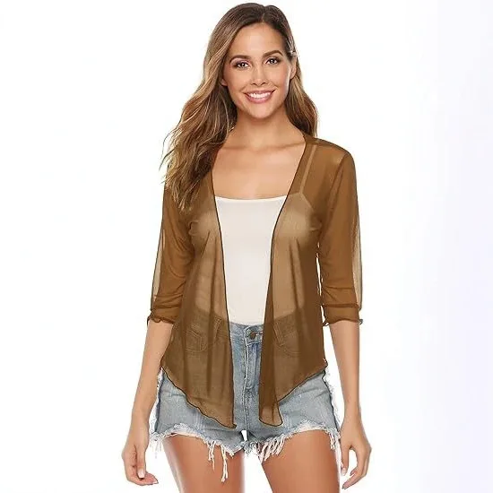 Summer Sunscreen Cardigan European and American Women's Solid Color Sexy Perspective Mesh Casual Versatile Top Cw39750