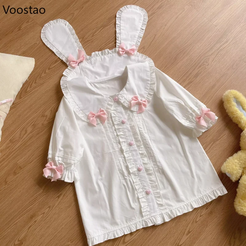 Orecchie da coniglio giapponesi colletto Peter Pan camicetta da donna Lolita Harajuku Casual manica a sbuffo fiocco Ruffles JK camicie ragazze