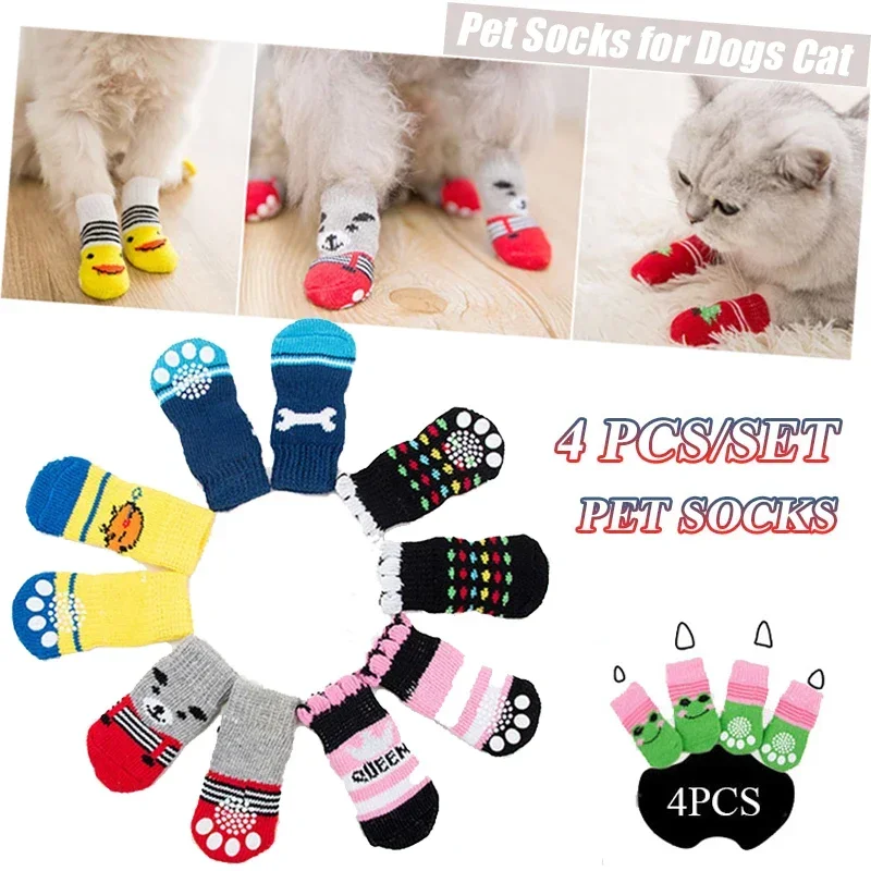 Winter Warm Dog Socks Cute Cartoon Anti Slip Skid Pet Shoes Socks 4Pcs Soft Breathable Paw Protector for Small Puppy Cat Dogs