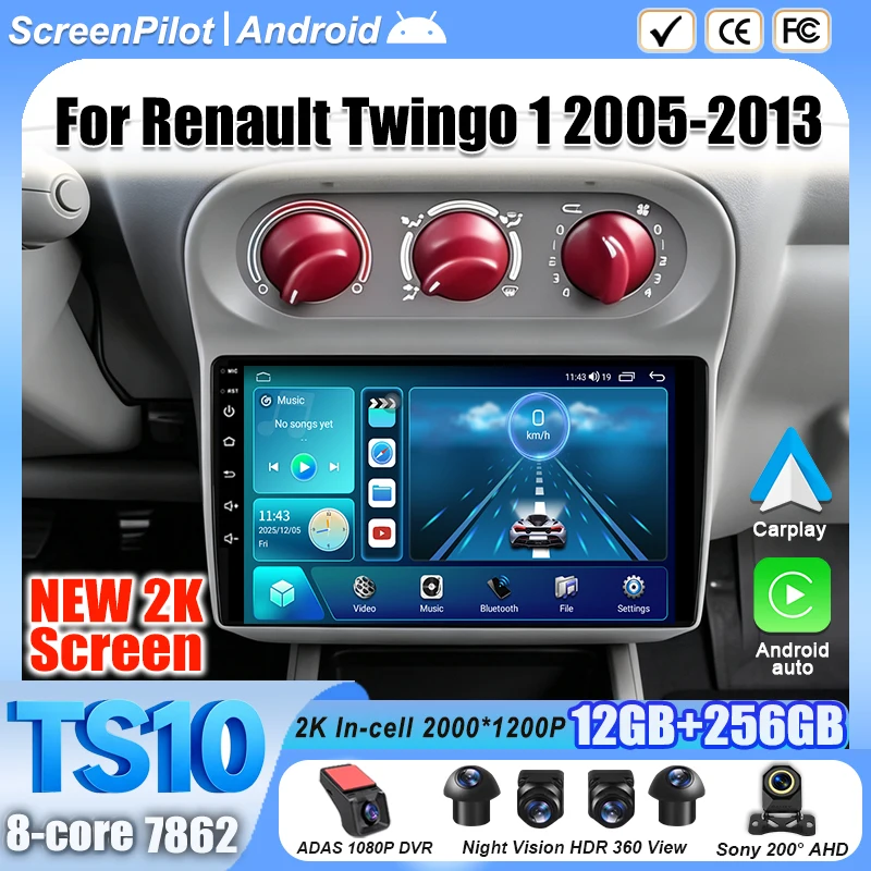 Android 16 For Renault Twingo 1 2005 - 2013 Car Radio Stereo Head Unit Multimedia Video Player GPS Navigation 2K QLED 8 Core 5G