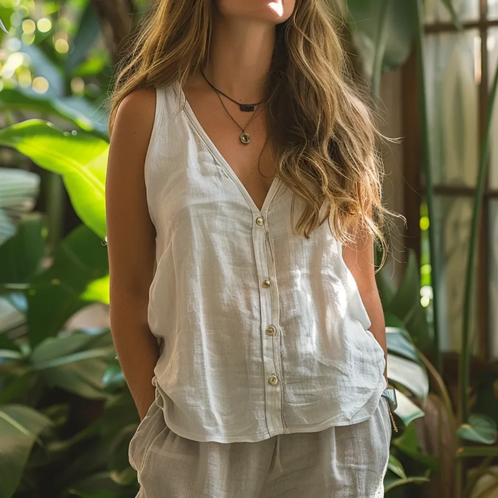 Top feminino branco sem mangas com botões e decote em V, ideal para o verão, roupas casuais, férias na praia