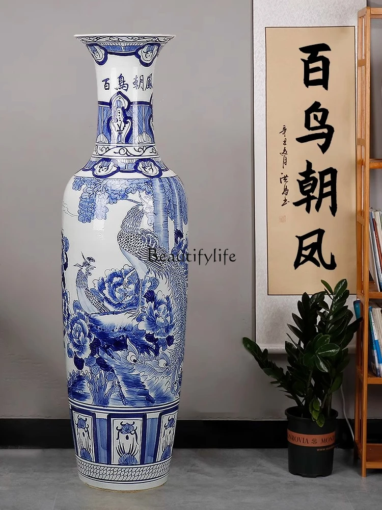 

04Jingdezhen ceramics floor-to-ceiling large vase ornament hand-painted blue and white porcelain living room decoration