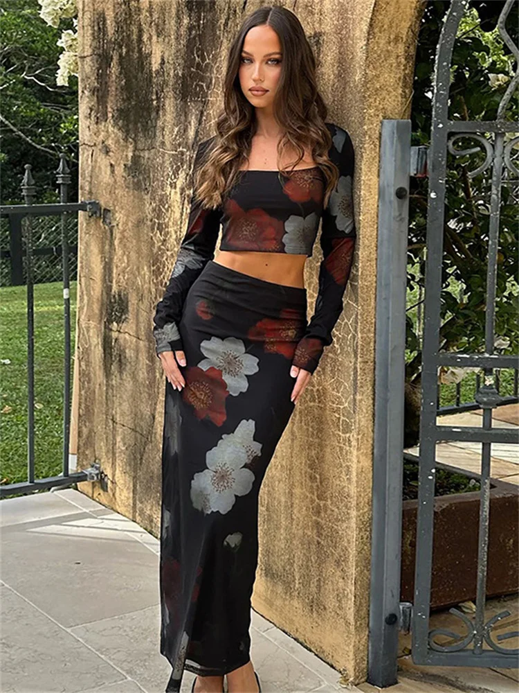 Tossy Printed Fashion 2 Piece-Set Female Patchwork Vintage Long Sleeve Crop top And Maxi Dress Sets Women Long Skirt Outfits