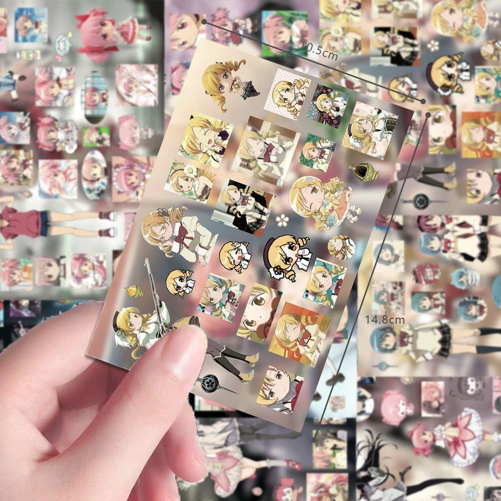 4/8 Hojas de Pegatinas de Anime Tomoe Mami, Akemi Homura, Sakura Kyouko, Pegatinas de Dibujos Animados para Laptop y Equipaje, Calcomanías de Kaname Madoka y Miki Sayaka