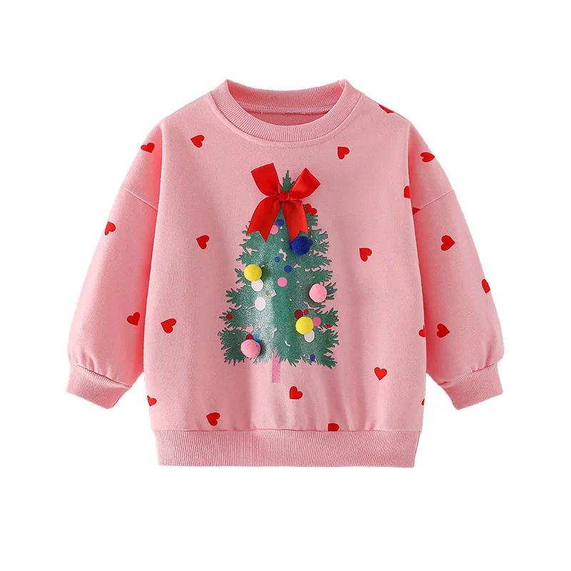 

3-8T Christmas Long Sleeve Girls Sweatshirts Pink New Years Gift Toddler Kids Clothing Autumn Spring Sport Baby Hooded Shirts