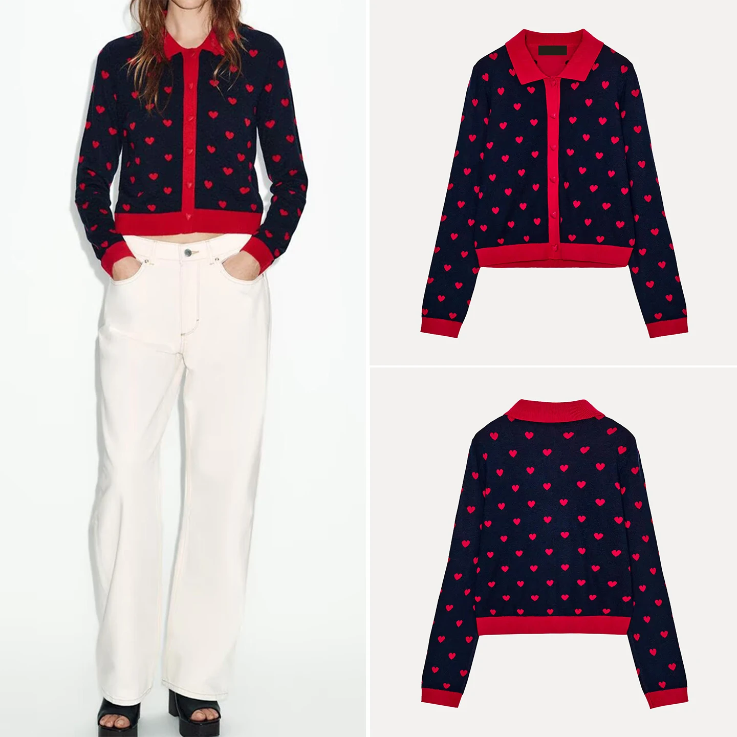 

Модная вязаная верхняя одежда с узором в виде сердец для женщин, весна 2026: универсальное, свободное пальто с длинными рукавами для индивидуального стиля