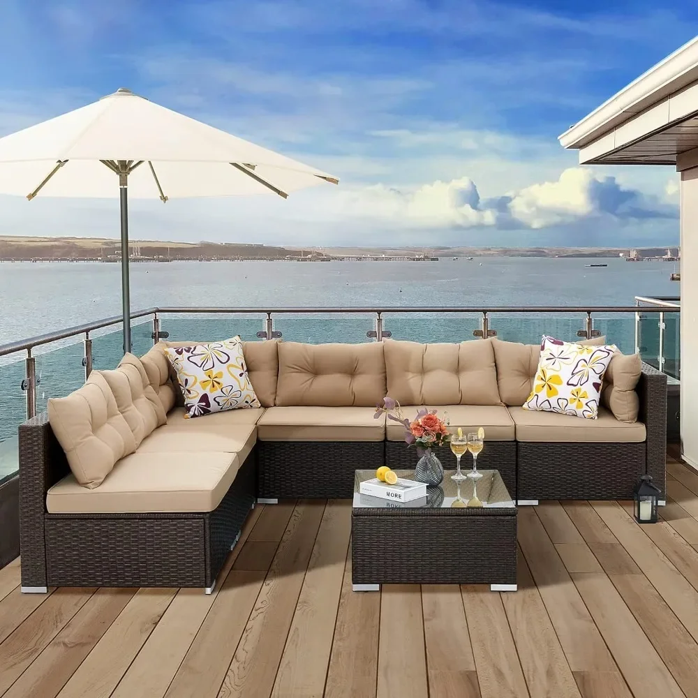 7 Pieces Patio Furniture Set All-Weather PE Rattan Conversation Set Outdoor Sectional Sofa Wicker Outside Couch with Table