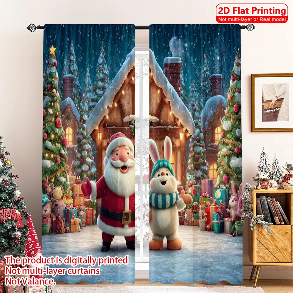

2pcs 2D flat printing Christmas Curtains Father Christmas1 Versatile Polyester Fabric Without Electricity Holiday Decorations