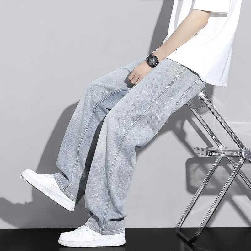 Men's Straight Leg Jeans American High Street High-quality Drawstring Design Daily Casual Loose Pants Washed Polished White