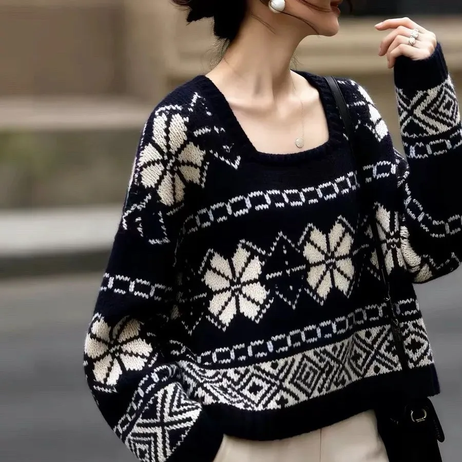 Deep Blue One Shoulder Sweater Fashion Knitwear Women's Sweater Pullover Spring Autumn Winter Loose Knitted Shirt Top Female