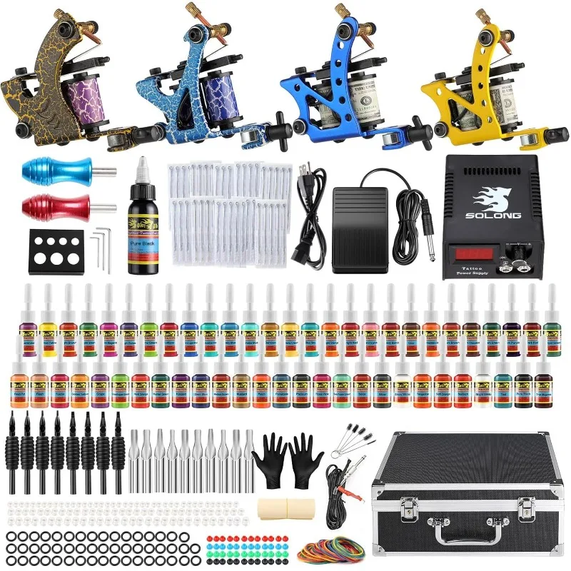 

Complete Tattoo Kit 4 Pro Machine Guns 54 Inks Power Supply Foot Pedal Needles Grips Tips Carry Case TK453-US