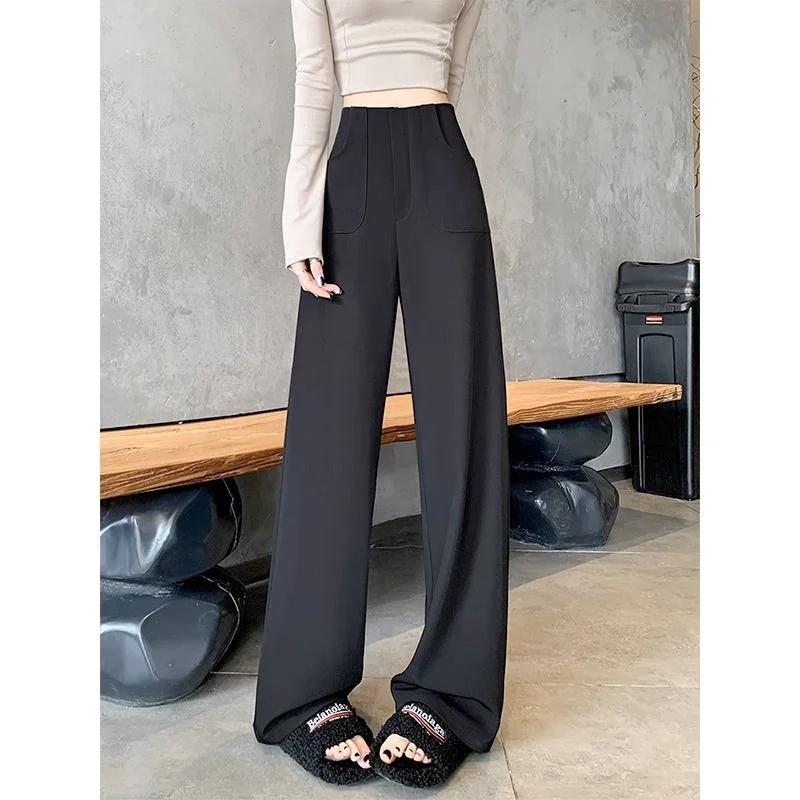 ブラックの高級レディーススーツ、ハイウエスト、2025年、流れるようなカジュアルなワイドレッグストレートドレスパンツ