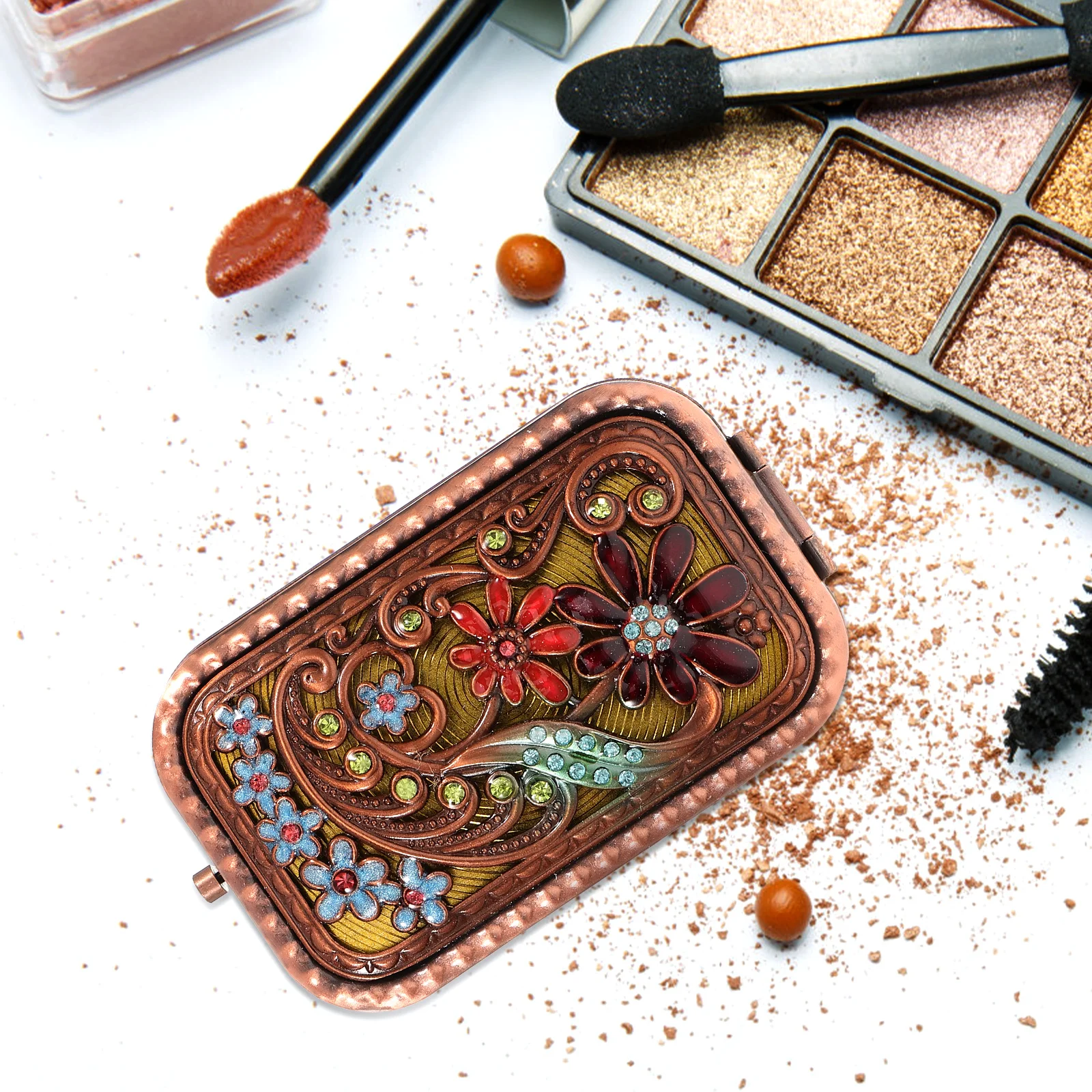 빈티지 컴팩트 메이크업 미러 접이식 금속 유리 슬림 휴대용 미니 포켓 미러 여행 사무실 파티 지갑용 뷰티