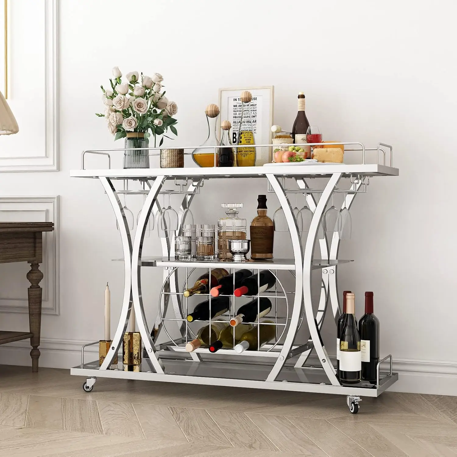 Bar Carts with Glass Holders & Wine Rack,3 Tier Home Bar Serving Carts with Glass Shelves,Metal Rolling Bar Carts for The