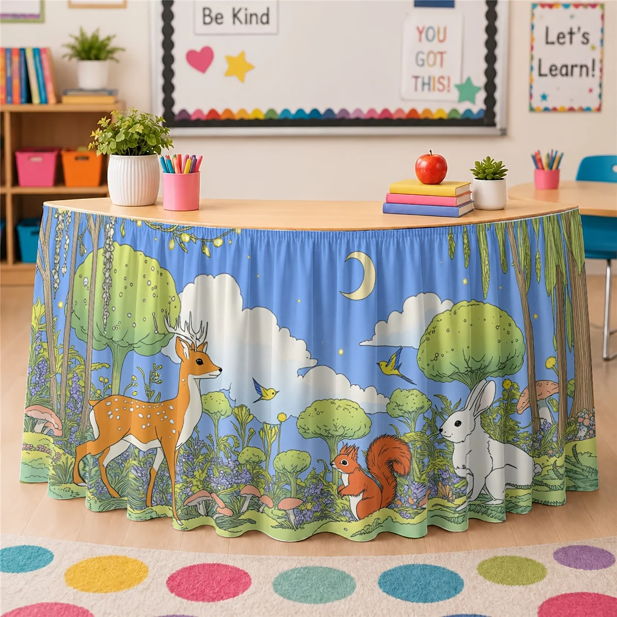 One table skirt. Forest animal scene table skirt. Polyester. Imagination. Attractive woodland.