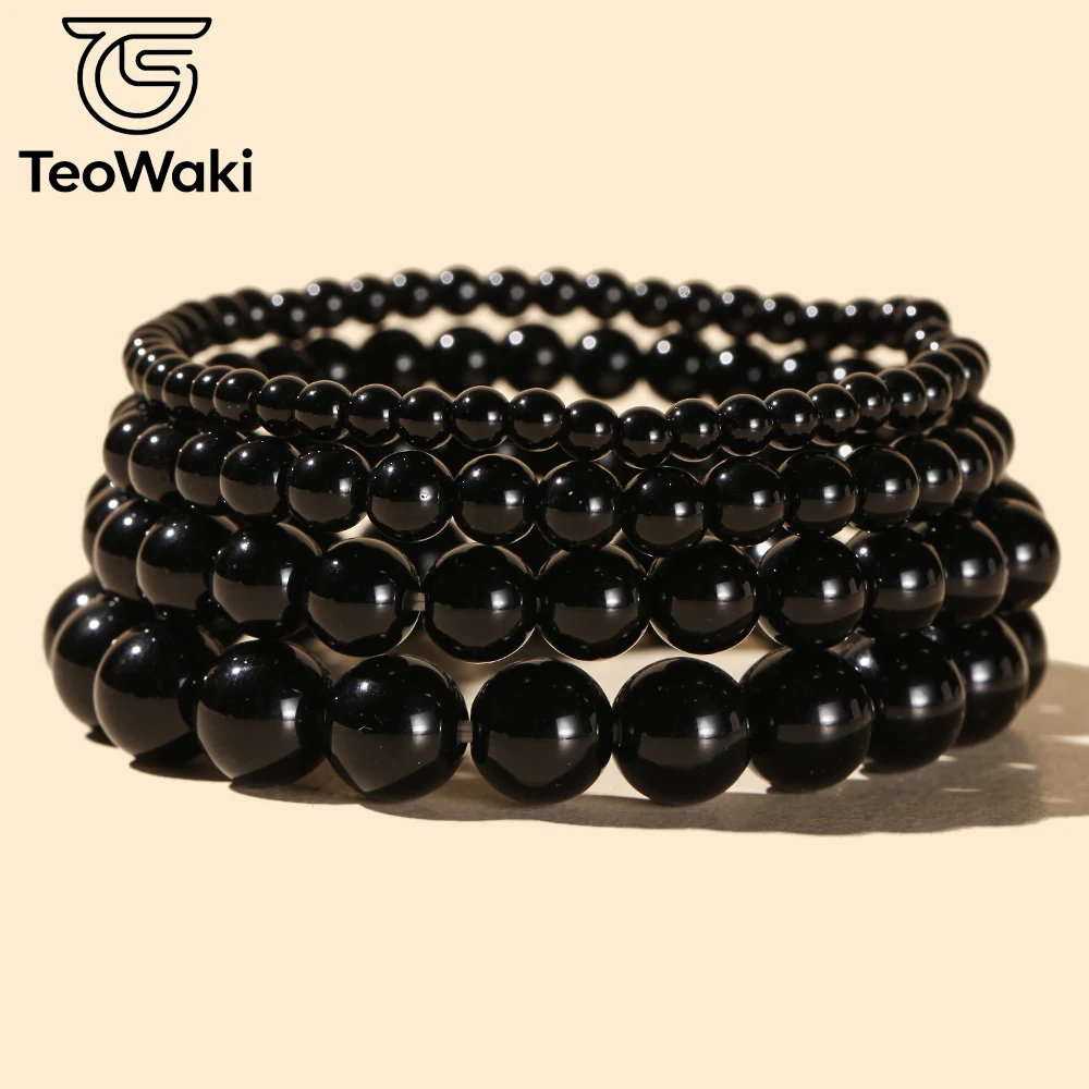 TeoWaki 4/6/8/10mm Natural Stone Bead Black Agate Elastic Bracelet for Women Men Stress Reduction Maintaining Mental Balance19cm