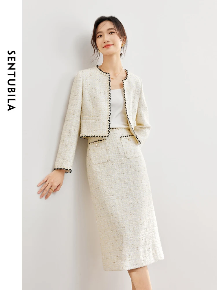 SENTUBILA Women Tweed 2 Pieces Outfit 2024 Autumn Elegant Contrast Cropped Jacket Straight Split Skirt Two Piece Set 141Z53052