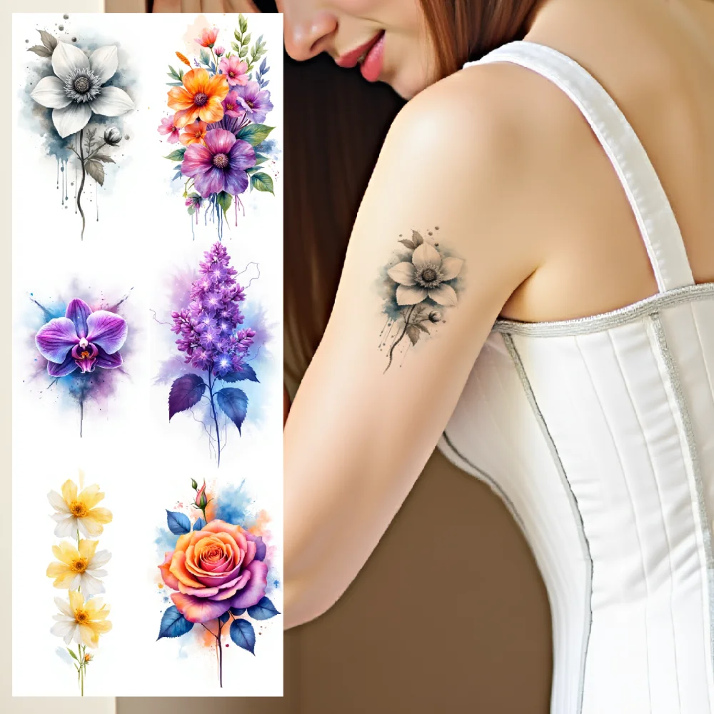 

9pcs Temporary Tattoo Waterproof Long-lasting Body Stickers Lily Lotus Cactus For Arms Cheeks Children