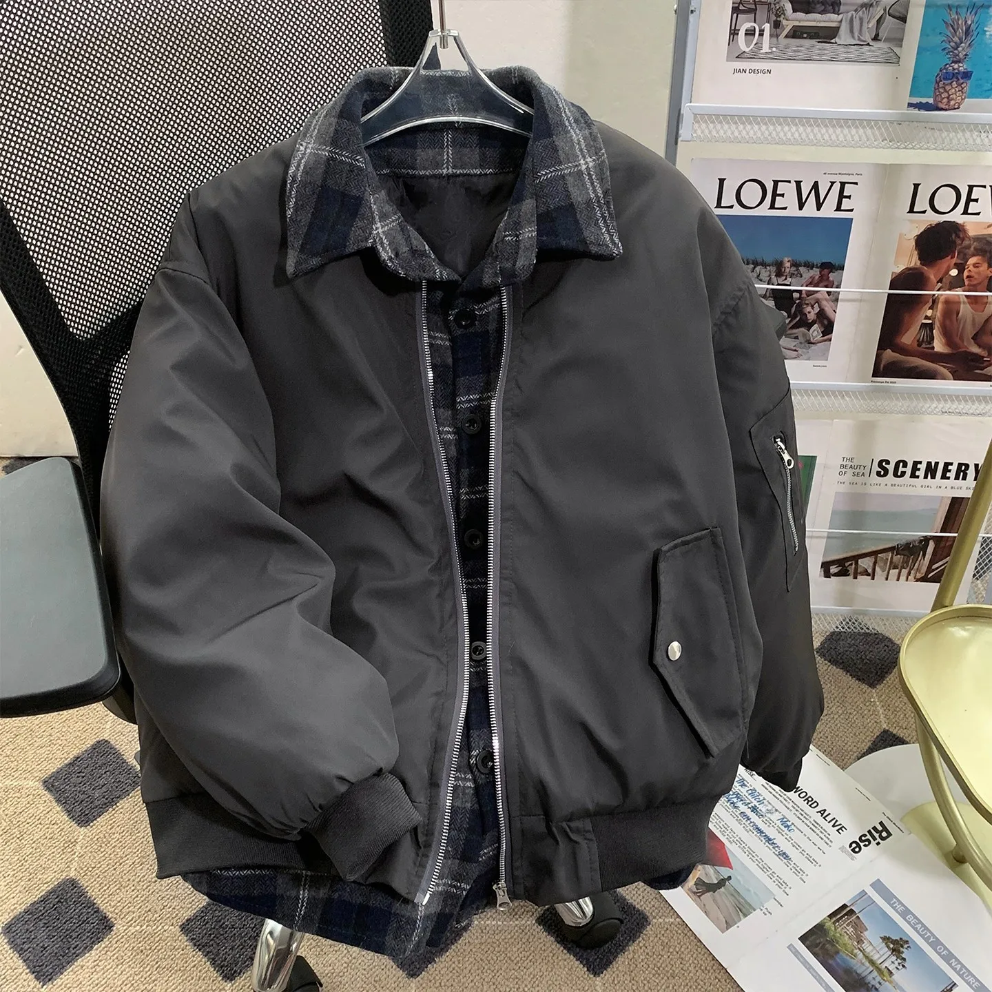 

Thiened Cotton Jaet Men's Retro Plaid Splicing American Design Flight Workwear Flng Cotton Jaet Youth Casual Winter Coat