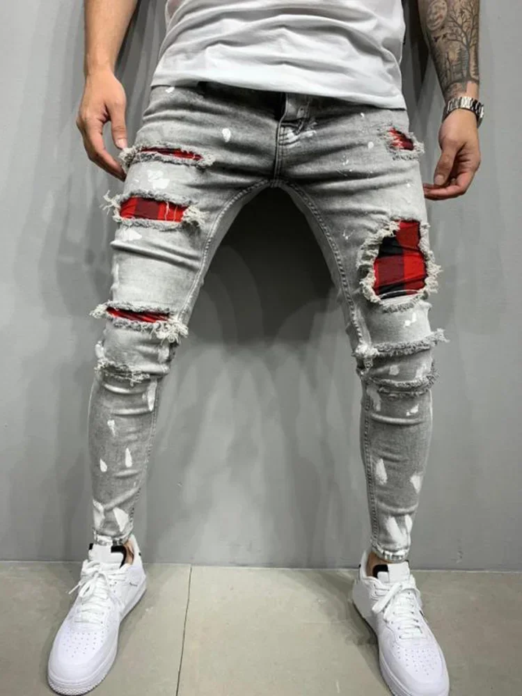 Mężczyźni Biker Slim Elastic Denim Cargo Pants Joggers High Quality Hole European and American Fashion Streetwear Ripped Skinny Jeans