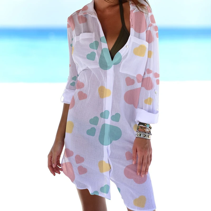 Summer New 3D Pattern Painted Shirt Dress Colorful Beach Sexy Top Coat Shirt Long sleeved Women's Long Dress Vestido Traf