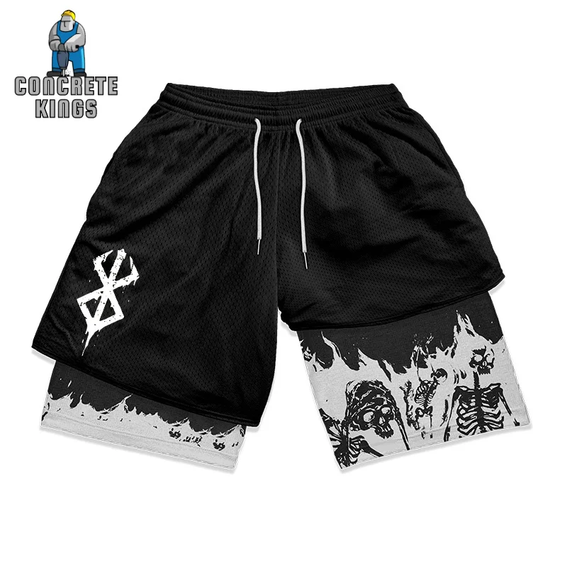 Anime Gym Shorts Men Bersek Guts Workout 2 In 1 Performance Sports Shorts Sportswear Summer 3D Mesh Fitness Quick Dry Sweatpants