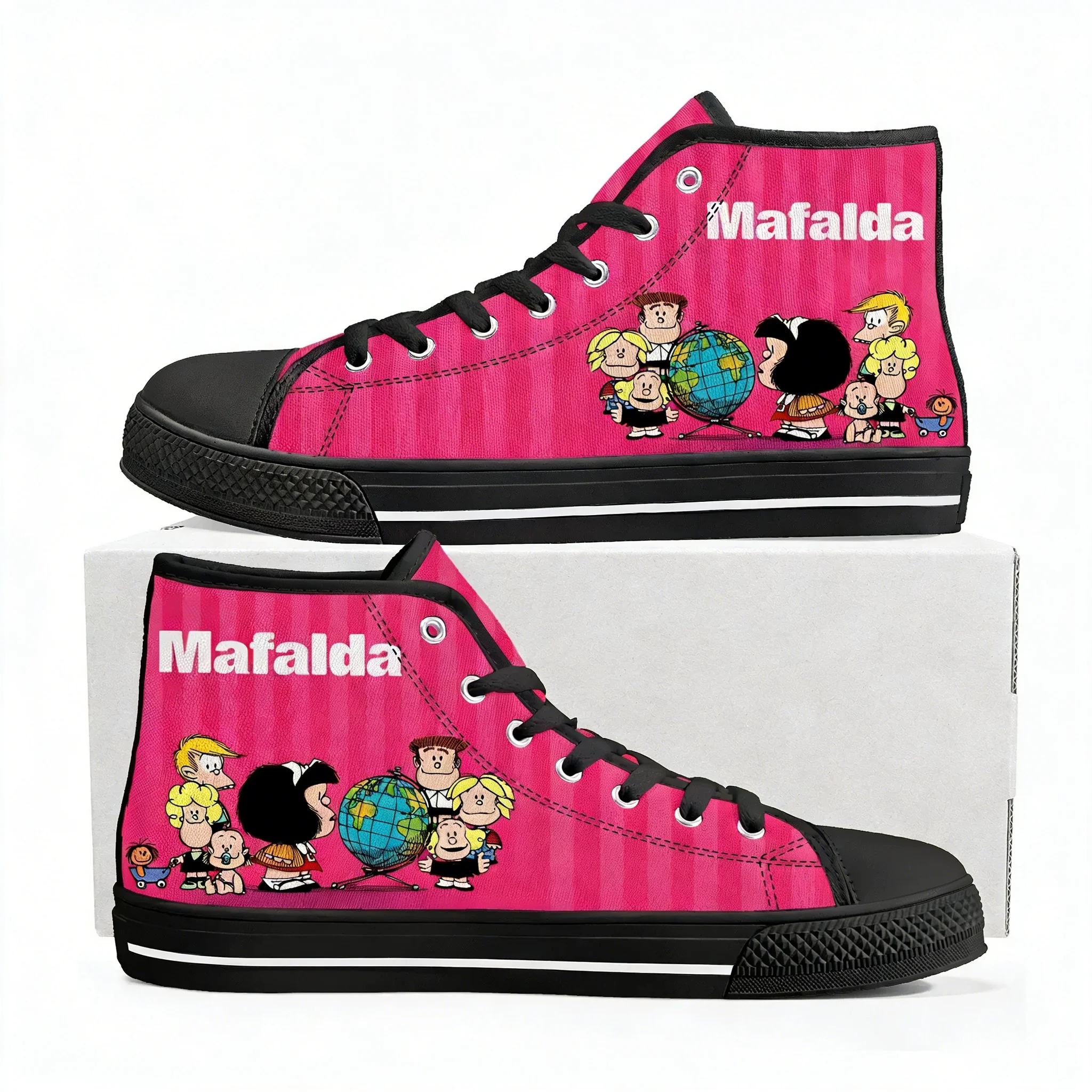 

Кроссовки Mafalda High Top для мужчин и женщин, высококачественные кеды из канваса, милые повседневные кроссовки с аниме-принтом, обувь на заказ