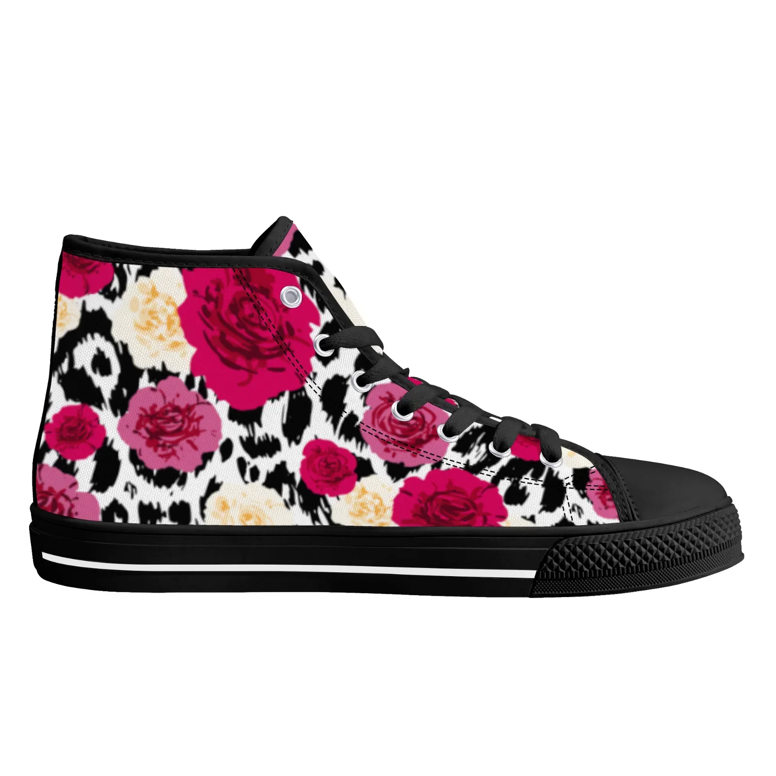 Leopard  rose print classic red high-top canvas shoes with l are flat and suitable for men and women