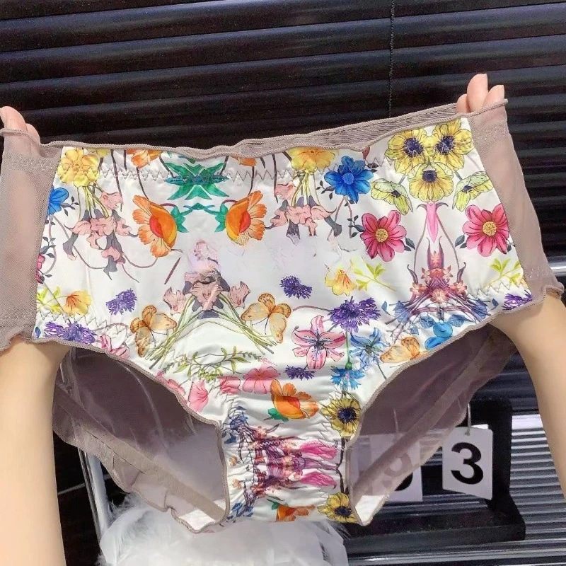 Plus size sexy gelo seda impressão renda malha calcinha feminina sem costura triângulo calças meados de cintura confortável sissy briefs