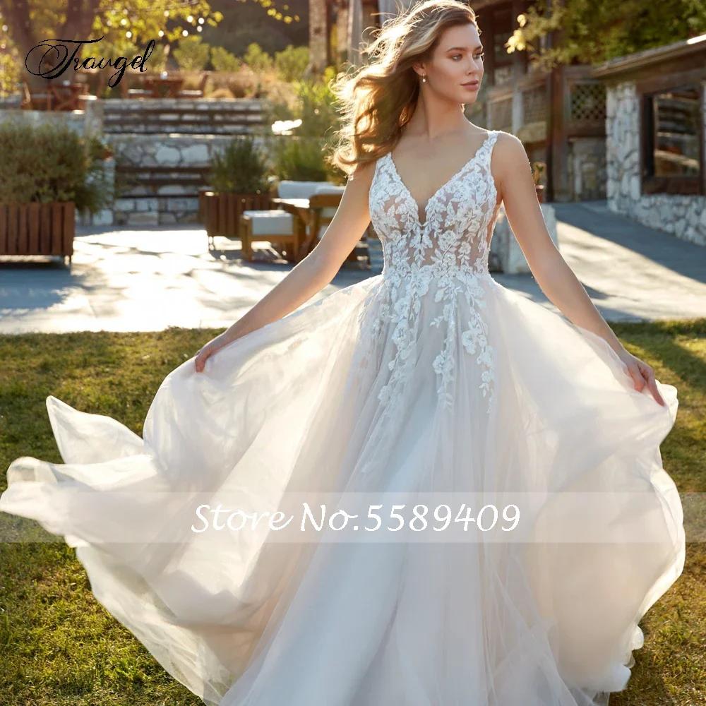 Customized A-Line Vintage Wedding Dresses V-Neck Sleeveless Romantic Appliques Sexy Backless Bridal Gowns