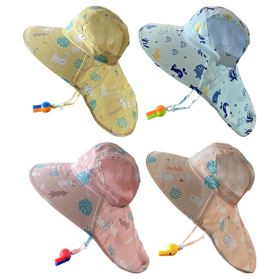 

2025 Summer Boys Girls Large Brim Child Cap Kids Bucket Hat UV Resistant Sunscreen Hats Adjustable Windproof Rope With Whistle