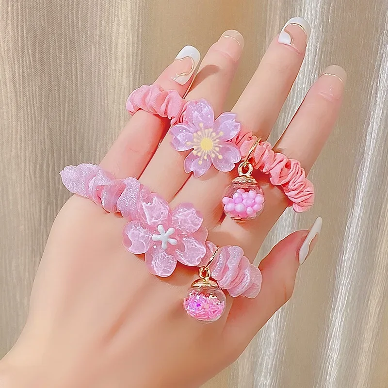 Pink Cherry Blossom Hair Rope Sweet Flower Hair Ring Acrylic Fabric Elastic Scrunchies Fashion Jewelry Hair Accessories for Girl