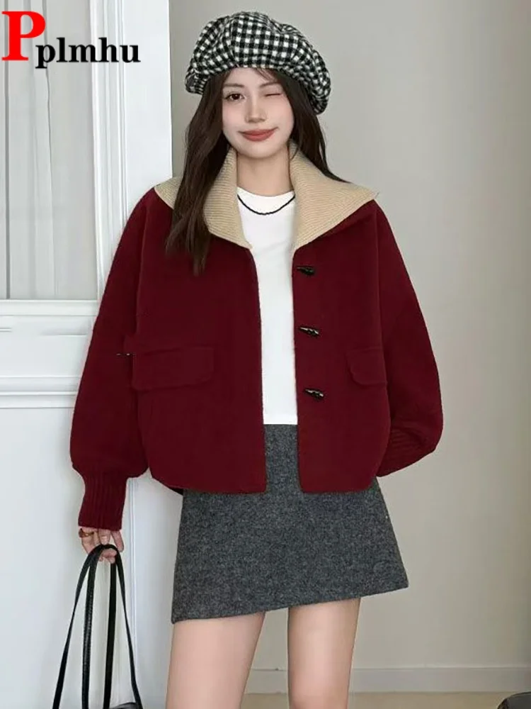 

Turn-Down Collar Woolen Short Jackets Coat Women's Casual Horn Baggy Chaquetas Korean Fashion Loose Patchwork Tops Jaquetas