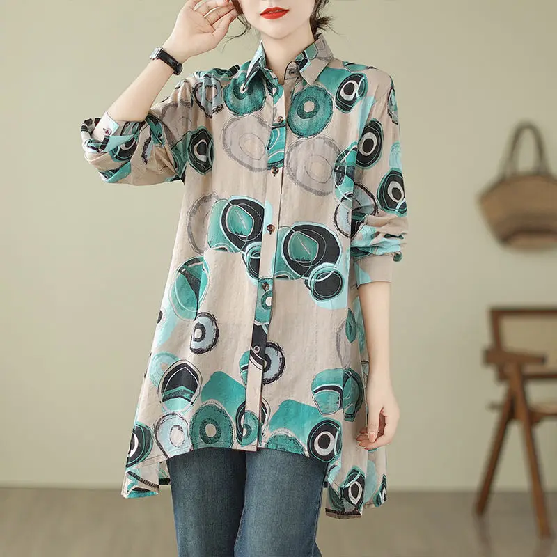 Women\'s Clothing Fashion Print Oversized Irregular Cotton Linen Shirt Vintage Chic Tunic Blouse Autumn Casual Long Sleeve Tops