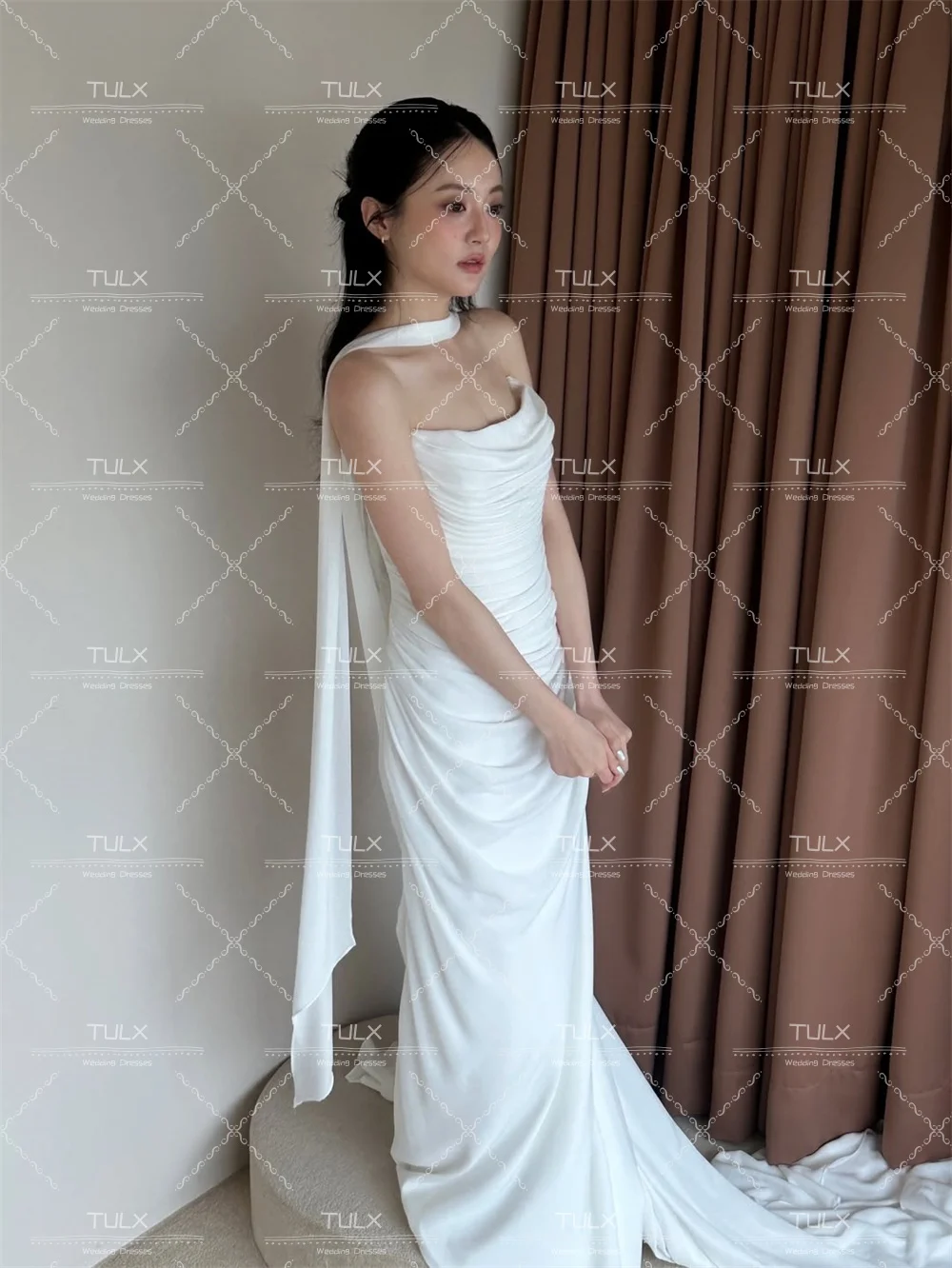 TULX 우아한 아이보리 쉬폰 웨딩드레스 한국 포토 촬영 O넥 머메이드 롱 브라이덜 가운 코르셋 맞춤 웨딩드레스 2026