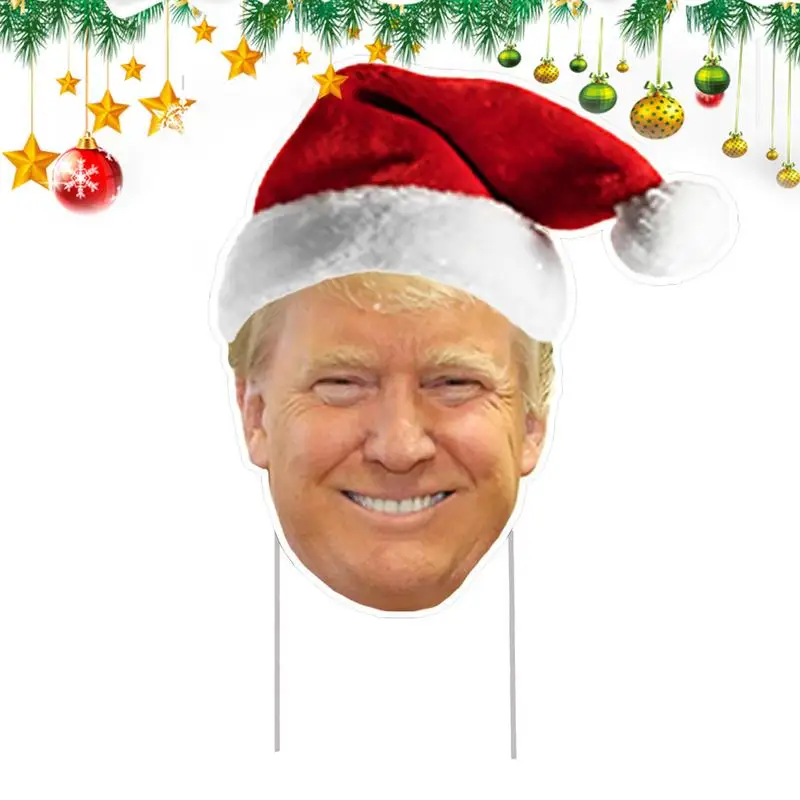 2D Christmas Yard Signs Outdoor Decor Humorous Leader Acrylic Ground Signs For Garden Fence Santa Hat US President Garden Stake