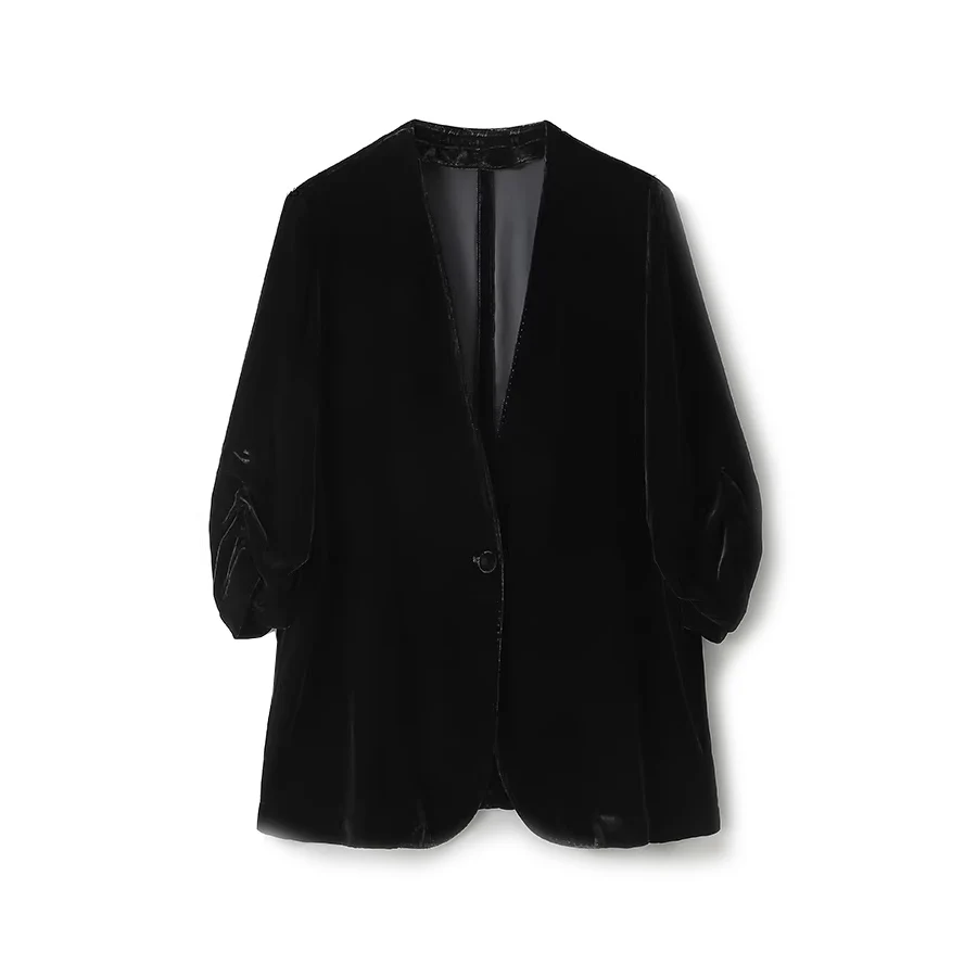 SuyaDream, Velvet Blazer for Woman, 100%Real silk, 3/4 Sleeved, Black Blazer Coat, 2026 Spring Autumn Elegant Jacket