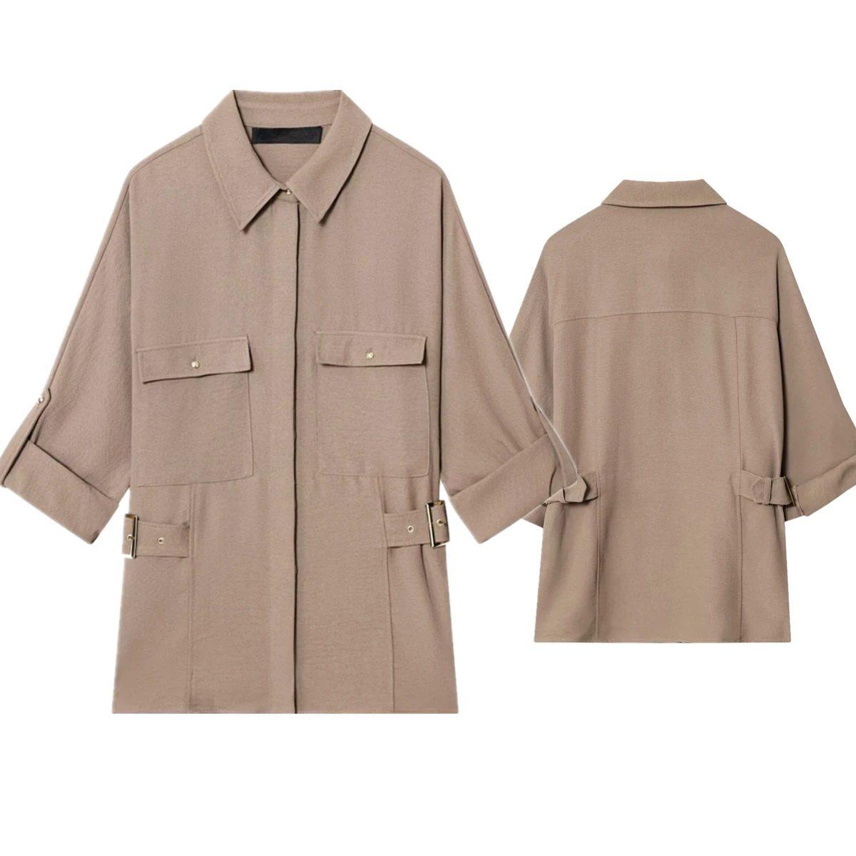 

Maxdutti осень-зима французская ленивая темная рубашка цвета хаки с карманами минималистичная рубашка для отдыха с рулонными рукавами и длинными рукавами блузка Wom